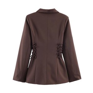 Fashionable dark brown long sleeve satin blazer with side waist ties shown from the back