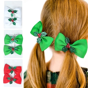 Christmas Bow Hair Clips For Girls Glitter Holly Berries Grosgrain Ribbon Bowknot Barrettes Holiday Party Hairpins