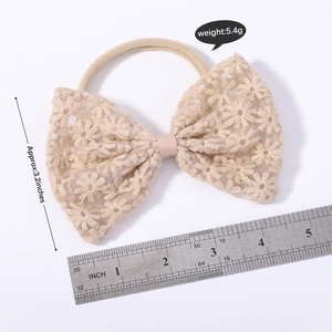 Lace floral embroidery bow headband for infants with seamless elastic band, 3.2 inches wide