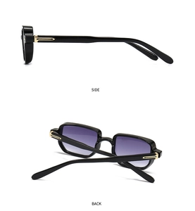 Detail view of vintage square sunglasses with black frame and purple gradient lenses