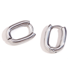 Minimalist silver geometric oval huggie hoop earrings made of polished stainless steel