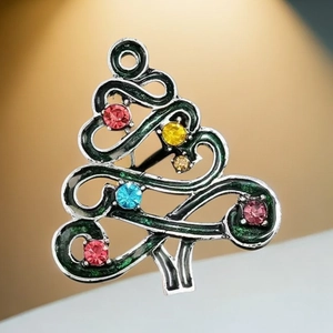 Broche sapin de Noël en émail vert foncé avec strass colorés pour tenue de fête