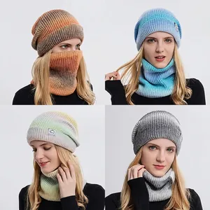 Bonnet En Tricot Et Écharpe Dégradé Ombré Doublé De Polaire Épais Thermique Hiver Extérieur Chaud Accessoires Femme