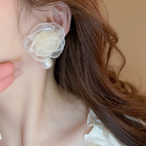Elegant lace flower earrings with pearl pendant shown on model for a graceful look