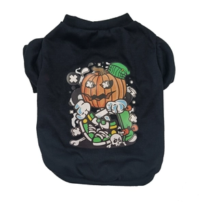 Detail of black pet T-shirt featuring cartoon pumpkin and skull prints on cotton fabric