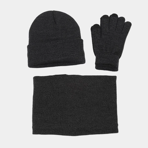 3-piece winter set including charcoal knitted hat, warm gloves, and neck gaiter scarf