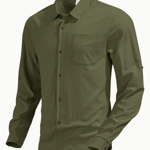 Men's casual linen-style short sleeve shirt in army green for summer beach holidays