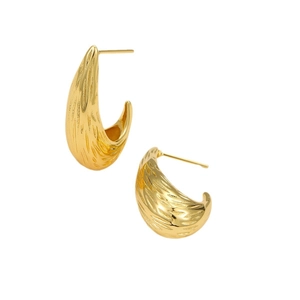Elegant gold-tone C-shaped hoop earrings with textured vertical grooves for women