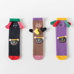 Three pairs of thick coral fleece thermal socks for girls with cute cartoon 3D animal ears