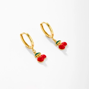 S925 sterling silver cherry earrings with gold loops and red enamel fruit pendants