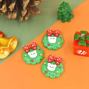 Three Christmas resin charms with green wreaths and white bears for DIY crafts and decor