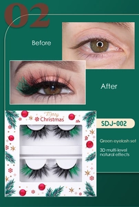 Before and after comparison of green 3D false eyelashes with Christmas packaging
