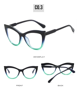 Three-view layout of cat-eye blue light glasses with black to blue gradient frame
