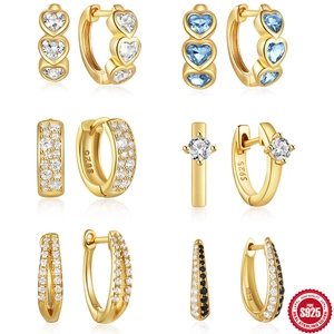 Classic S925 sterling silver gold-plated huggie earrings with colorful heart zircon stones
