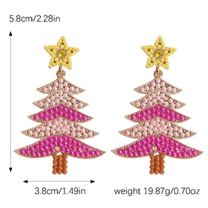 Detailed view of beaded Christmas tree earrings showing 5.8cm height and 3.8cm width dimensions