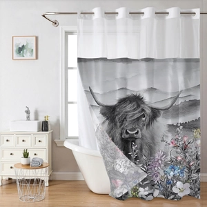 Detail of waffle fabric shower curtain with highland cow and floral print in bathroom
