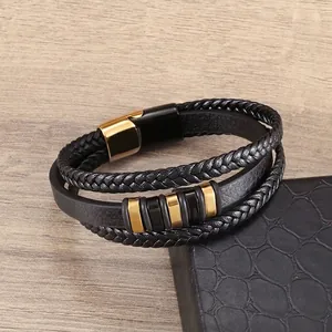 Multi-layer black braided leather men's bracelet with gold and black magnetic clasp