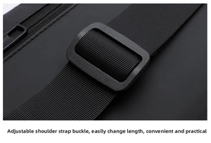Close-up of adjustable nylon shoulder strap with matte buckle on black crossbody bag
