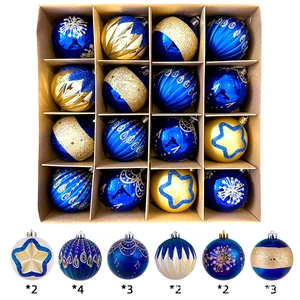Set of 16 blue and gold Christmas ornaments with glitter, peacock and star patterns