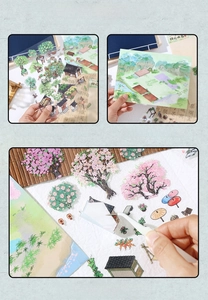 Détail d'autocollants PET avec décor pastoral 2.5D et finition à l'encre blanche épaisse