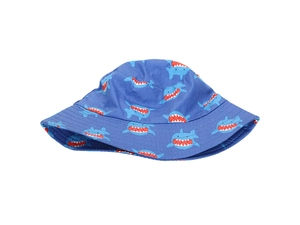 Detail of baby sun hat featuring blue cotton twill and all-over cartoon shark print