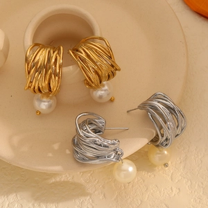 Irregular C-shaped gold and silver stainless steel wire wrap earrings with pearl drop