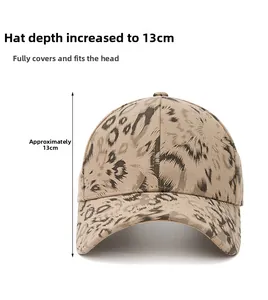 Detail of leopard print baseball cap showing 13cm deep crown and full wrap-around fit