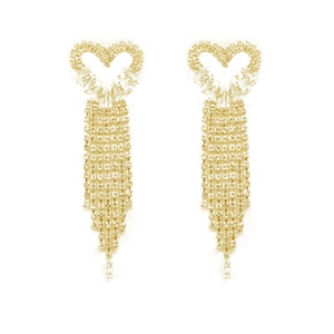 Elegant gold heart earrings with long tassels and sparkling white zircon stones