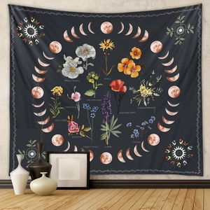 Bohemian black moon phase and botanical floral wall tapestry for home room decor