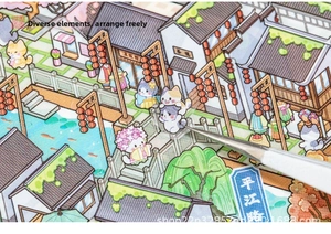 Detailed macro view of 3D Chinese style cat stickers with Pingjiang Road scenery