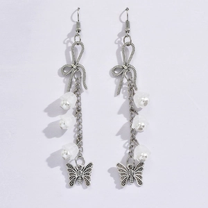 Retro long butterfly bow drop earrings in antique silver finish with pearl flower charms