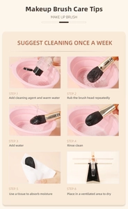 Instructional guide for cleaning makeup brushes with pink silicone bowl and drying rack