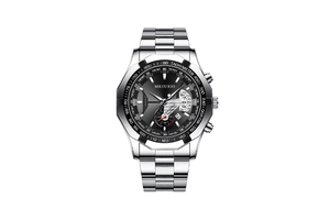 Close-up of chronograph watch with black tachymeter bezel and stainless steel strap
