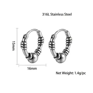 Retro punk titanium steel earrings with industrial threaded texture and metal bead accents