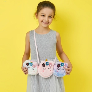 Detail of plush unicorn crossbody bag featuring soft faux fur and sequin flower accents