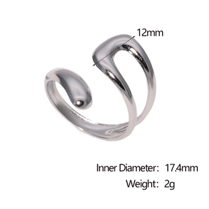 Detail view of silver hollow geometric open ring with measurements and 17.4mm inner diameter