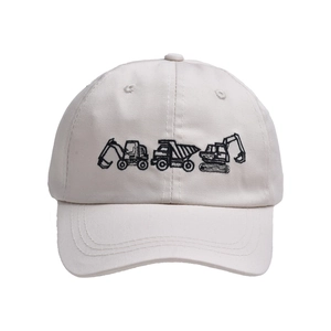 Close-up of three cartoon excavator embroidery on beige cotton baseball cap detail