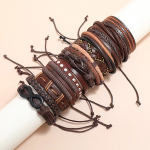 Set of multi-layer vintage braided leather bracelets with infinity charm and sliding knots