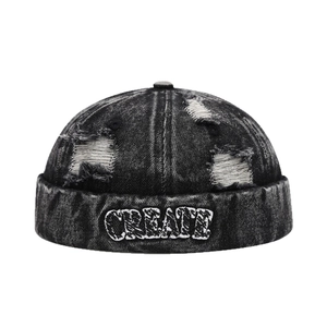 Retro washed denim docker hat in dark grey with distressed holes and CREATE embroidery