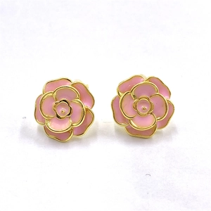 Pink camellia flower stud earrings with gold plating and enamel finish for women