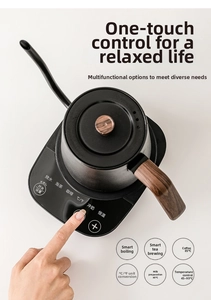 Detail view of electric gooseneck kettle with wood-grain handle and smart touch base