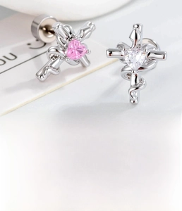Detailed view of silver cross earrings with pink and white heart zircons in 0.8x6mm size