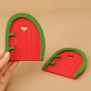 Miniature red wooden fairy door set for dollhouse Christmas scene decoration