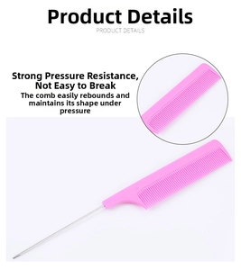 Detail of professional hair styling comb featuring fine teeth and durable metal tail