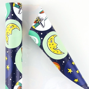 Cartoon space themed wrapping paper featuring rockets and stars for kids gift packaging