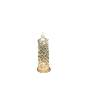 Romantic LED flickering candle with warm yellow light and crystal texture on white background