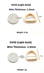 Detaillierte Größentabelle für hellgoldene D-Ringe aus Metall mit 1-RMB-Münze zum Vergleich