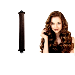 Detail of 3cm thick heatless hair roller set in brown with securing hooks and results