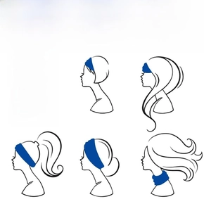 Illustrative guide showing six different ways to wear the blue gradient yoga headband