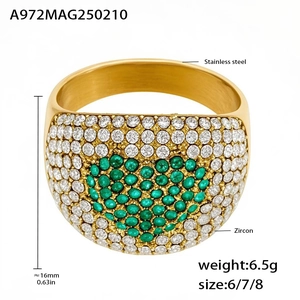 Détail d'une bague plaquée or 18k avec zircon blanc et vert motif cœur 16mm large